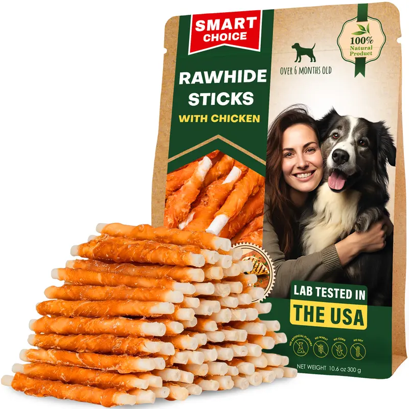 Beloved Pets Chewy Rawhide Treat Sticks - Chicken Flavor Rawhide Wrapped, Packaged Natural Dog Chew Treats