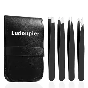 Ludoupier 4+1 Pieces Tweezers Set with Travel Case Stainless Steel Precision Anti-rust Alloy for Eyebrows Facial Hair Ingrown Hair Removal