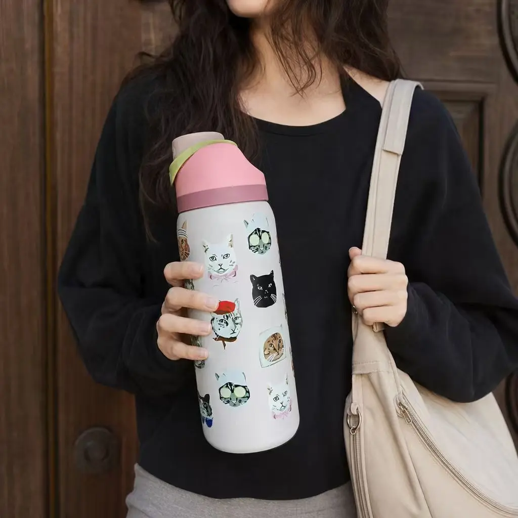 Cat-Themed Water Bottle with Pink Lid and White Body, Featuring Adorable Cat Designs, Perfect for Daily Use