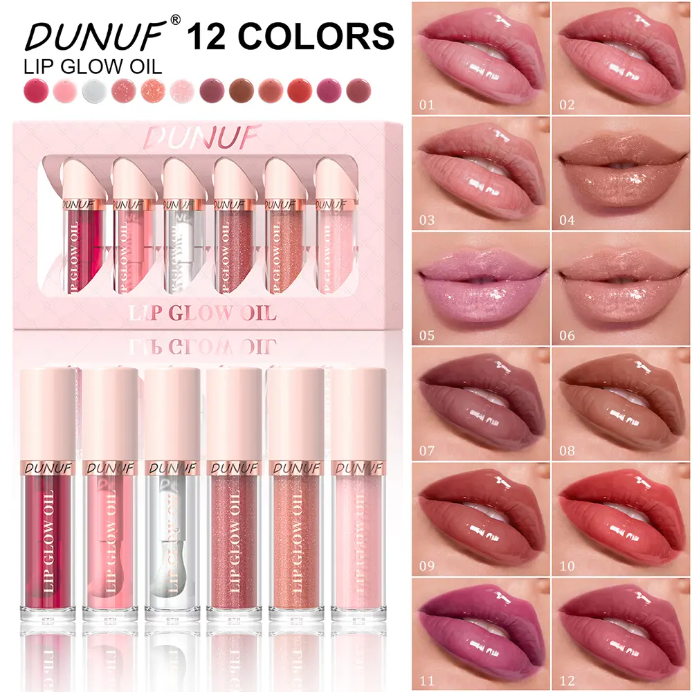 DUNUF 12 Shades Lip Glow Oil Set, Hydrating Plumping Mirror Shine Tinted Lip Gloss, Non-Sticky Shimmery Clear Nude Pink Red Lip Oil Kit, Viral TikTok Moisturizing Lip Makeup Gift Set for All Skin Tones