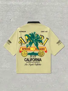 Men's Regular Fit Palm Tree & Letter Print Polo Shirt, Casual Collared, Casual Short Sleeve Top for Summer, Fashion Men's Clothes for Daily Wear, Tropical, Menswear