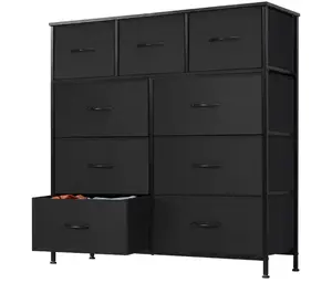 9 Drawer Dresser, Wide Chest Of Drawers Nightstand Storage Tower Storage Dresser Fabric Dresser With Wood Top for Living Room, Bedroom, Hallway, Nursery, Black