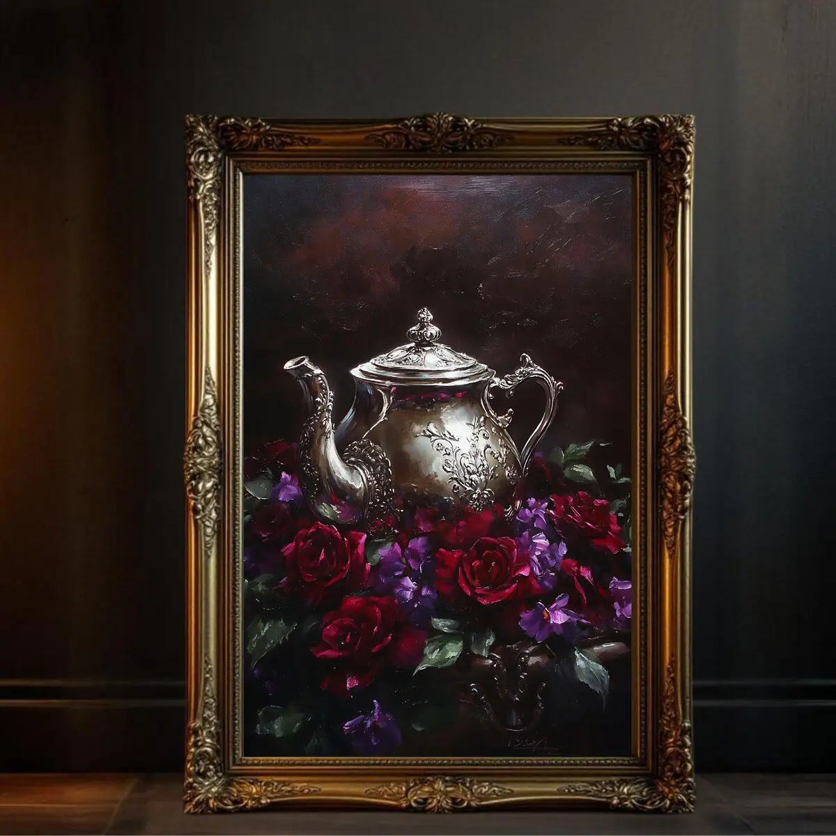 Vintage Teapot Floral Wall Art, Classic Still Life Print for Home Decor, Elegant Teapot with Red Roses and Purple Flowers, Fine Art Poster, Unframed