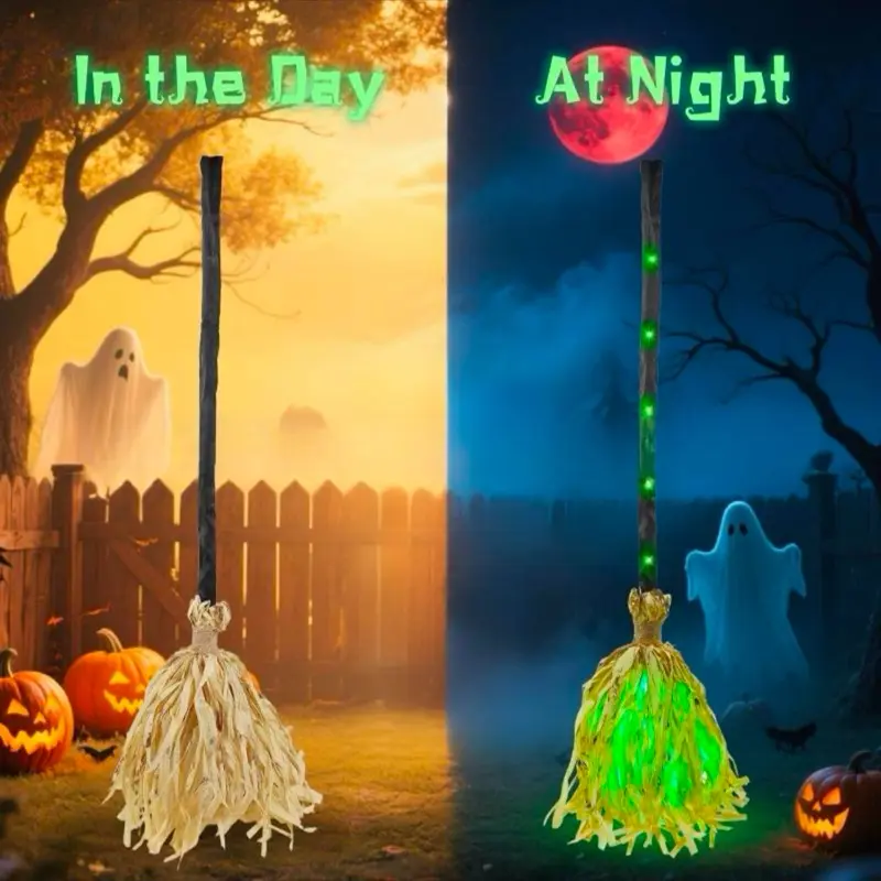Animated Light Up Witch Broom Prop with Spooky Sound Effects, Green LED Glowing Flying Broomstick Decor, Halloween Animatronics Decor for Haunted House, Indoor Outdoor Party Porch Decoration