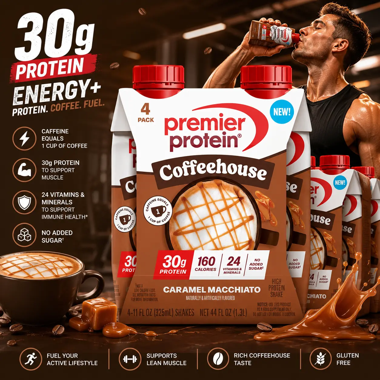 Pack of 4 Premier Protein Coffeehouse Caramel Macchiato Milk Shake with Caffeine – 30g Milk Protein, No Added Sugar, 24 Vitamins & Minerals, Gluten-Free Energy Coffee Beverage, 11 fl oz (4 Pack)
