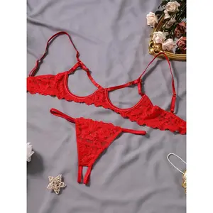 Women's Floral Lace Sexy Lingerie Underwear Set, Sexy Cut Out Underwire Bra with Adjustable Straps & Open Crotch Design Thong Two-Piece Set, Lingerie Set for Women