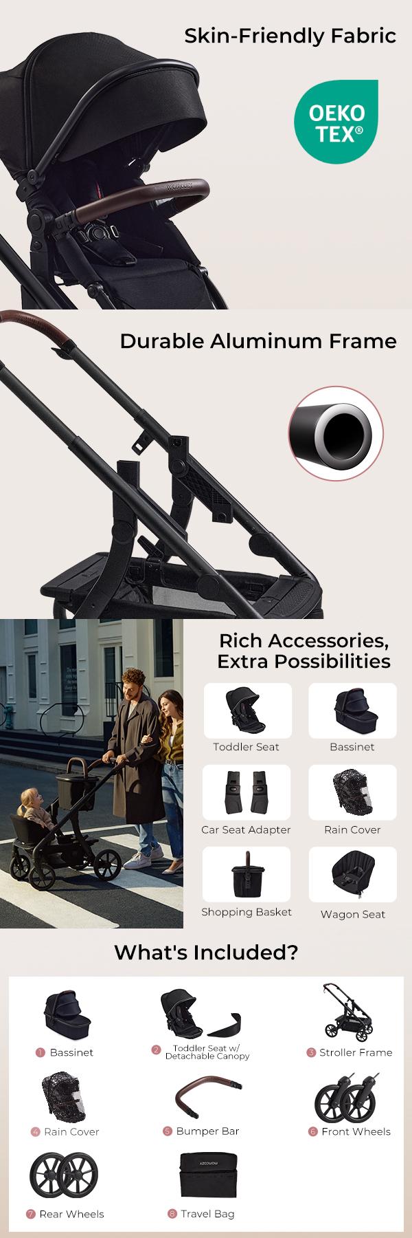 Momcozy ChangeGo Baby Stroller, Convertible Single-to-Double-to-Wagon Stroller with 23 Configurations, Bassinet and Seat Included, Large PU Wheels, All-Wheel Suspension ＆ Extendable UPF50+ Canopy