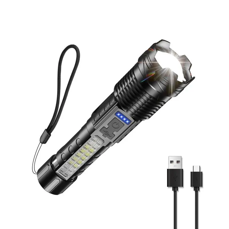 LightingX Strong Flashlight/USB Rechargeable,Emergency Lighting White Flashlight Red/Blue Alarm Lights/Waterproof Rechargeable Flashlight/Camping Gadgets 2024/Fishing Garden Lighting Night security Road Lighting Garage Lighting
