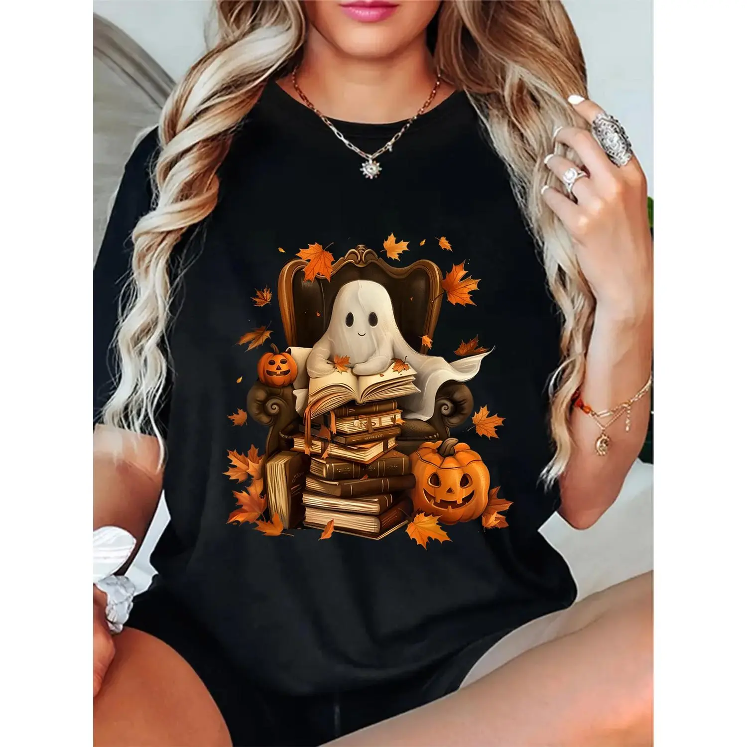100% Cotton Unisex Vintage Ghost Book Reading Pumpkin Gothic Halloween Teachers T-Shirt