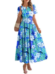 BTFBM Summer Dresses for Women 2026 Floral Casual Short Sleeve V Neck Elastic Waist Maxi Wedding Guest Dress Pockets