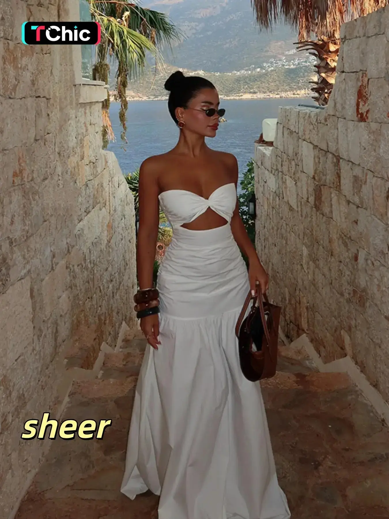 Women's Solid Ruched Strapless A-Line Tube Dress for Summer Beach, Ladies Summer Clothes, Womenswear