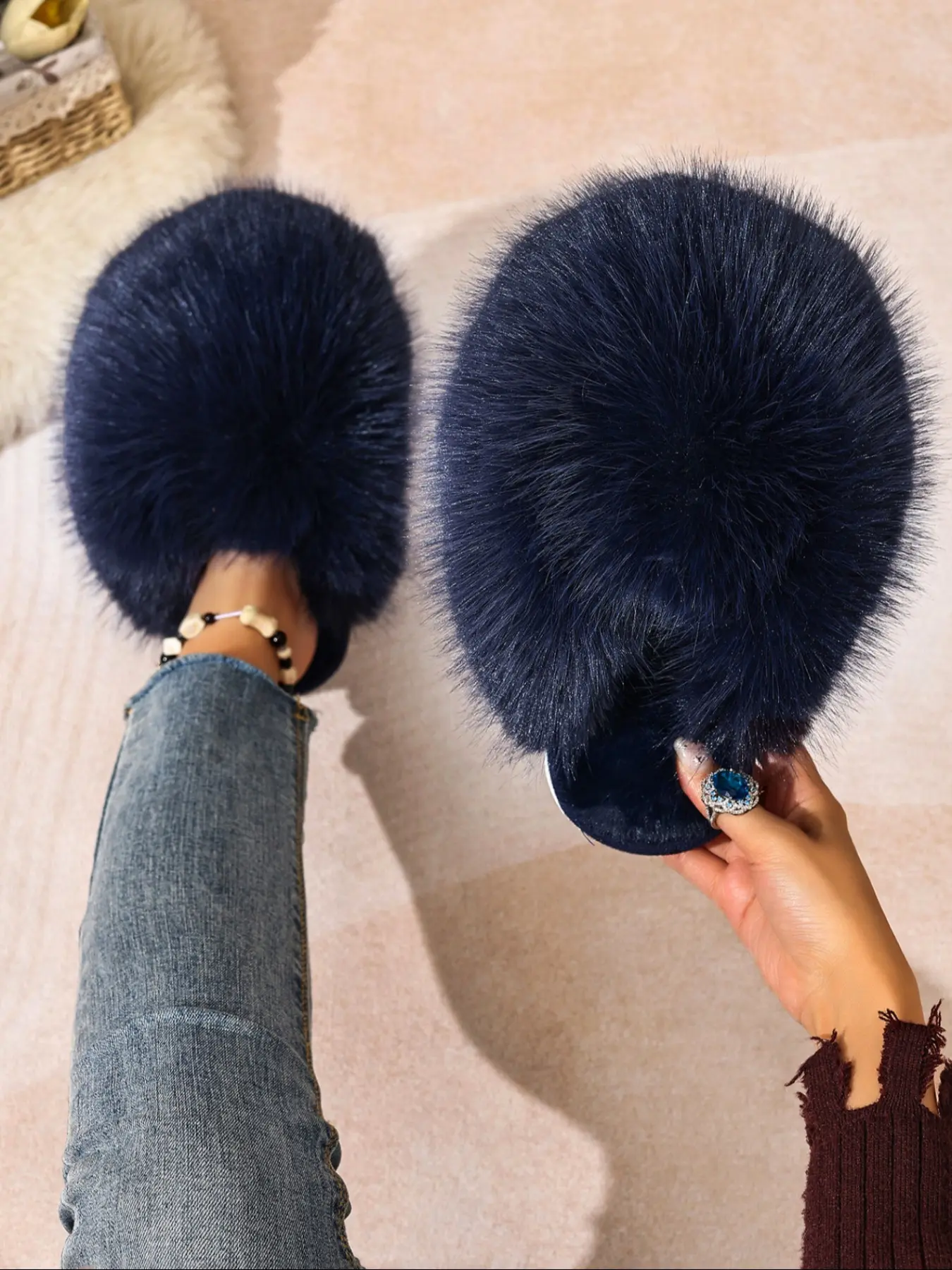 New Plush Slippers for Women, Fluffy Home Slippers, Soft Fufu Open-Toe Warm Home Wear, Trendy Slipper, Cute Style, Textile Upper, All Seasons