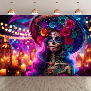 1pc Skull Lady Tapestry - Vibrant Floral & Feather Design Polyester Photography Backdrop for Day of the Dead, Halloween, Parties - Indoor/Outdoor Banner, Studio Props, No Electricity Needed, Skull Decor, Festiv