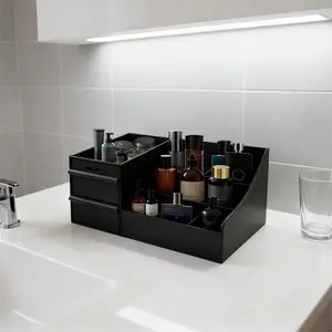 Black Cologne Organizer for Men Large Countertop with 7 Compartments & 2 Extra-Deep Drawers for Cologne Perfume Shaving Skincare Bathroom Vanity Storage Ideal Gift for Boyfriend Husband Dad Friends