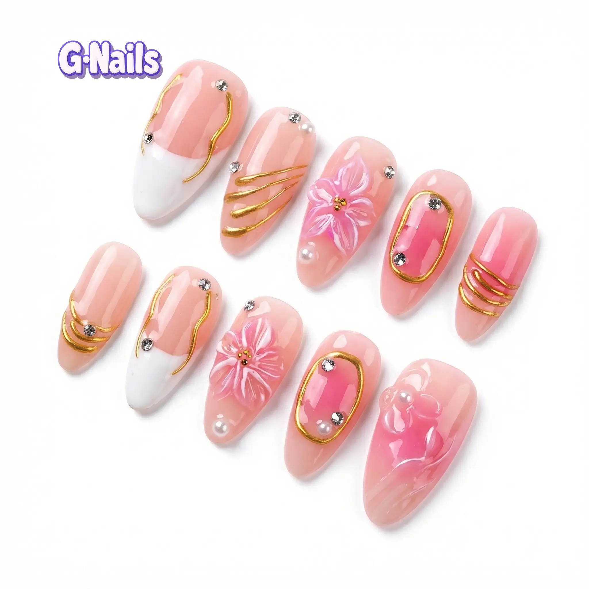 G Nails B02 Glossy Acrylic Spring Pink 3D Floral Handmade Press-On Nails Kit (10pcs) with Glue & Tools - Reusable Almond DIY Nails for Women's Everyday Spring Manicure, Glossy Acrylic Nails