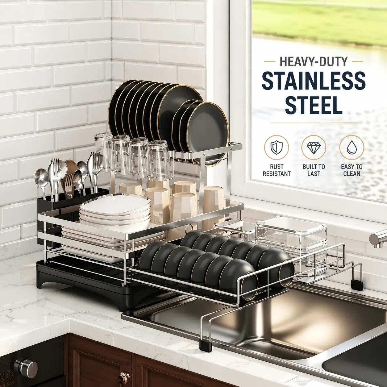 Foldable Kitchen Dish Rack｜Stainless Steel & Carbon Steel Countertop Organizer｜Space-Saving Plate & Bowl Holder｜Compact Kitchen Storage,dorm essentials,home decor