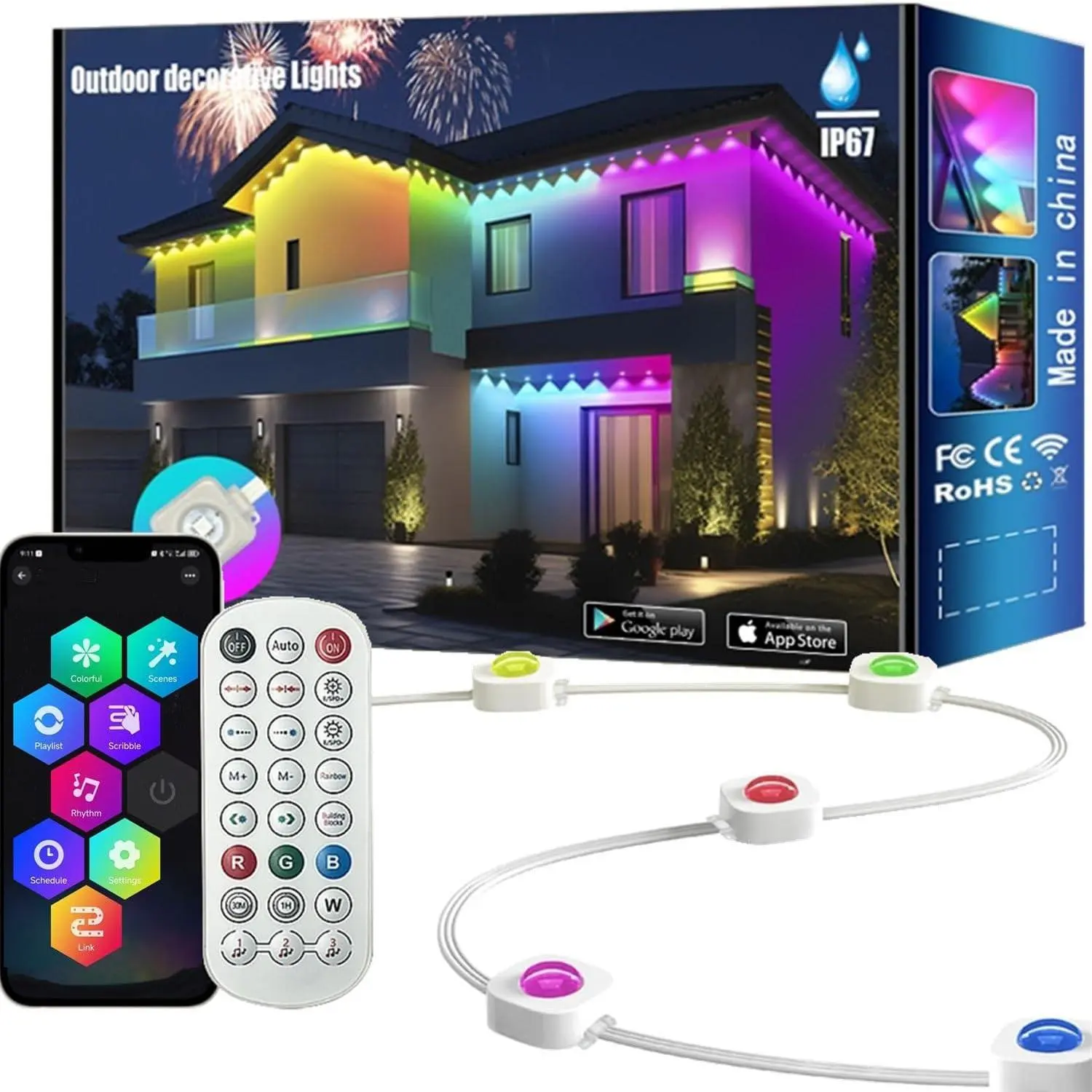 DAYBETTER 100ft 60LEDs Permanent Outdoor Smart Eaves Lights, RGB Rainbow Backlit IC App-Remote Controlled, IP67 Waterproof Holiday Decorations for House Roof Lighting