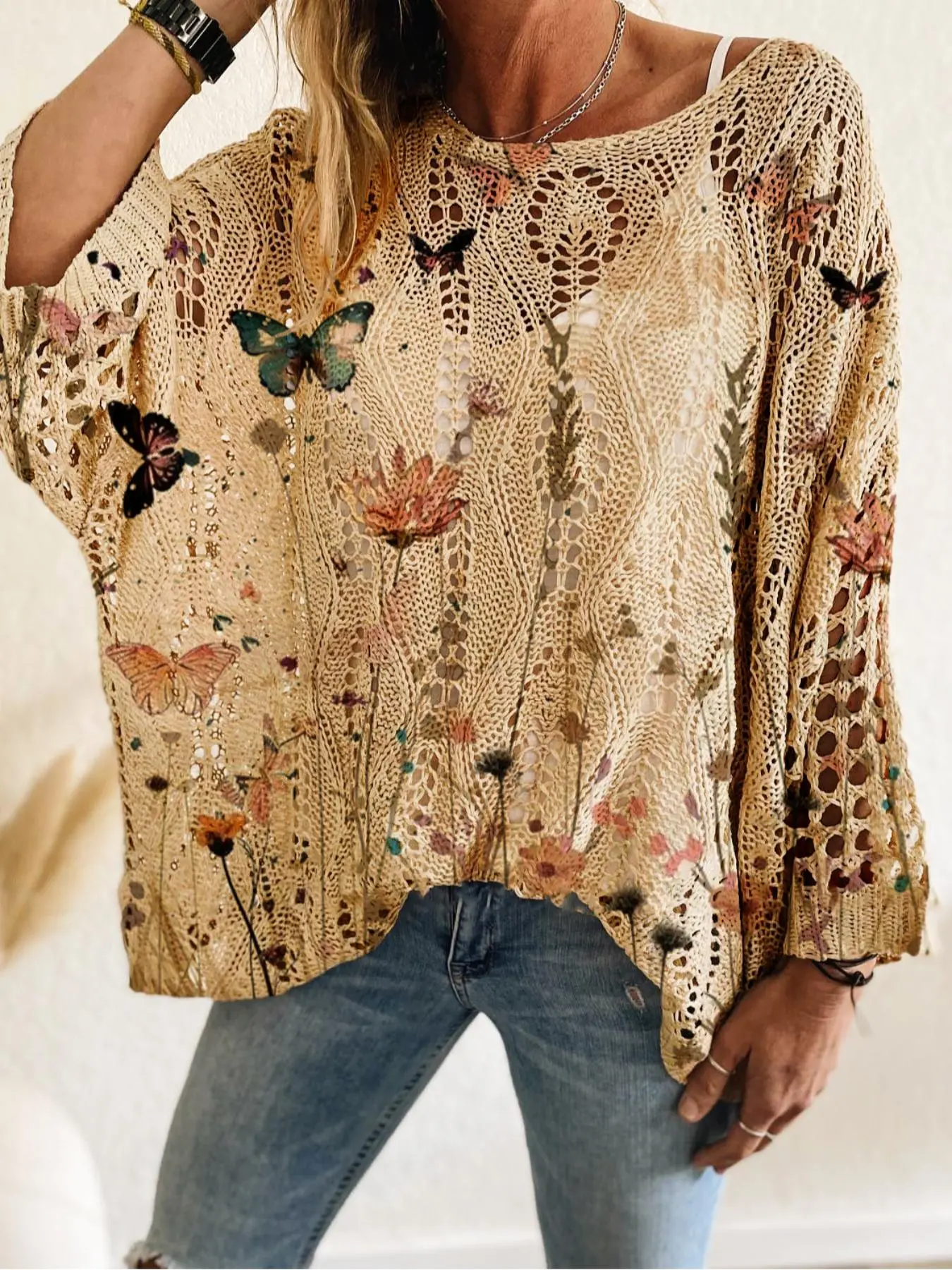 Women's Butterfly & Flower Print Longsleeves Hollow Out Batwing Sleeve Sweater, Boho Chic Floral Print Casual Loose Long Sleeve Top for Beach Vacation Holiday, Ladies Clothes for Spring & Summer, Casual Classy Elegant, Womenswear