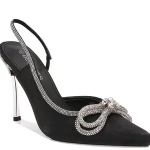 IXE GLOW - Women Rhinestone Bow Heels Stiletto High Heels Closed Pointed Toe Sexy Slingback Ankle Strap Pumps Wedding Bridal Dress Heeled Shoes 3.4 Inch Elegant Fashion Classy Stylish Girl Walking Shoes Footwear Comfort