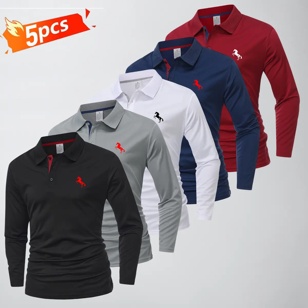 5PCS Men’s Classic Polo Shirts – Contrast Collar Long Sleeve, Casual Solid Color, Fashion Print; Stretchable, Quick-Dry, High Performance for Golf, Outdoor Work; Men’s Tops