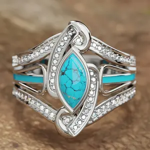 Bohemian Vintage Style Women'S Wedding Engagement Ring, Imitation Turquoise Zinc Alloy Band with Synthetic Cubic Zirconia, December Birthstone, All-Season Daily Wear, Valentine'S Day Gift