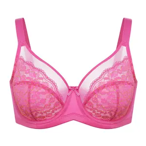 Lacsper Lurex Daisy Floral Lace Minimizer Bra with Gold Edge Unlined Unpadded Full Coverage Plus Size Underwire Breathable Mesh Cup Comfort Support for Women