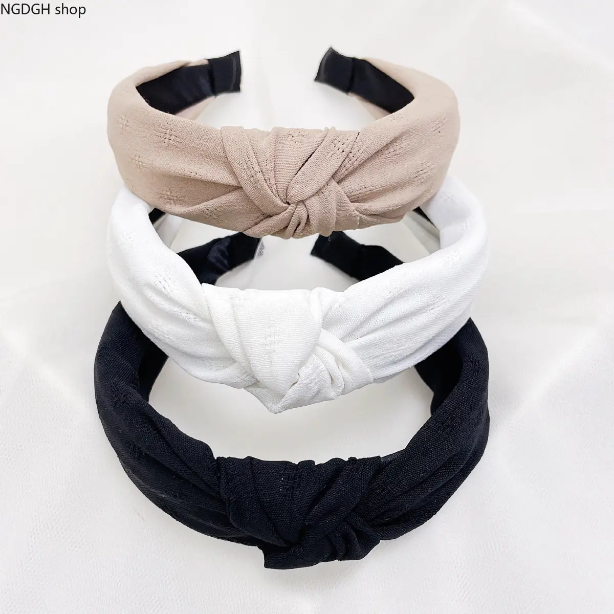Women's 3-Pack Knotted Turban Athletic Headbands - Solid Beige, White, Black Wide Twist Hair Accessories, Soft Breathable Eyelet Texture, No-Slip, Ideal for Everyday Bad Hair Days, Casual Use & Yoga Workouts
