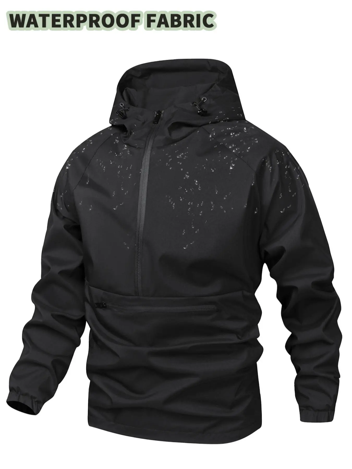 Men's Solid Color Half Zip Pocket Hooded Jacket, Regular Fit Casual Long Sleeve Drawstring Waterproof Jacket for Fall & Winter, Men Clothing for Daily Wear Zip Up Jackets, Casual Fashion Jacket