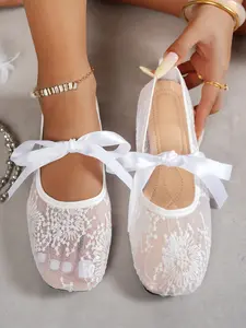 French Style Fairy Mary Jane Shoes, Square Toe Ballet Mesh Flat Single Shoe, Ballet Flats, Bowknot Design Flats, Elegant Textile Upper, All Seasons, Medium Width, Women
