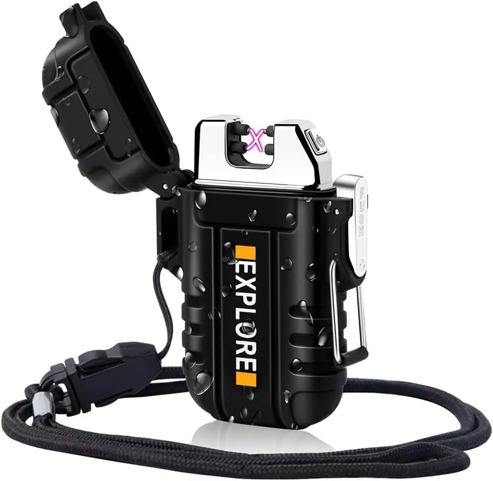 LcFun Electronic Dual-Arc USB Rechargeable Flameless Plasma Lighter with Lanyard, ABS Casual Design, Waterproof for Camping, Survival Gear, Men's Birthday Gifts (Batteries Included), Outdoors