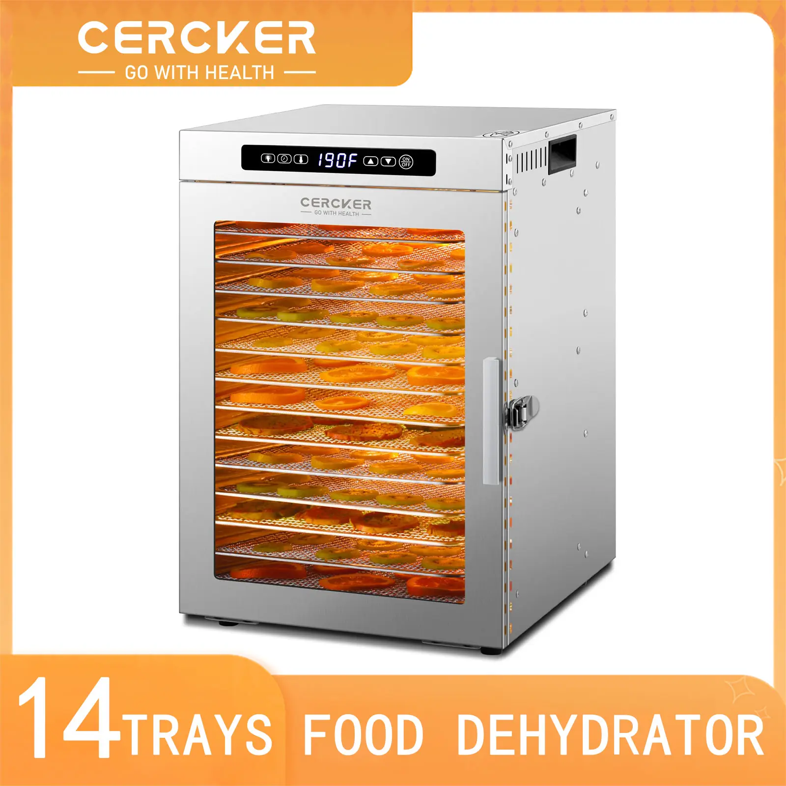 Cercker Stainless Steel Food-Dehydrator Machine 14 Commercial-Dehydrator Trays, 1200W Fruit Dehydrator,11.98ft² Meat-Dehydrator for Jerky,190ºF Temperature Control,24H Large-Dehydrator for Herbs,Yogurt,Beef