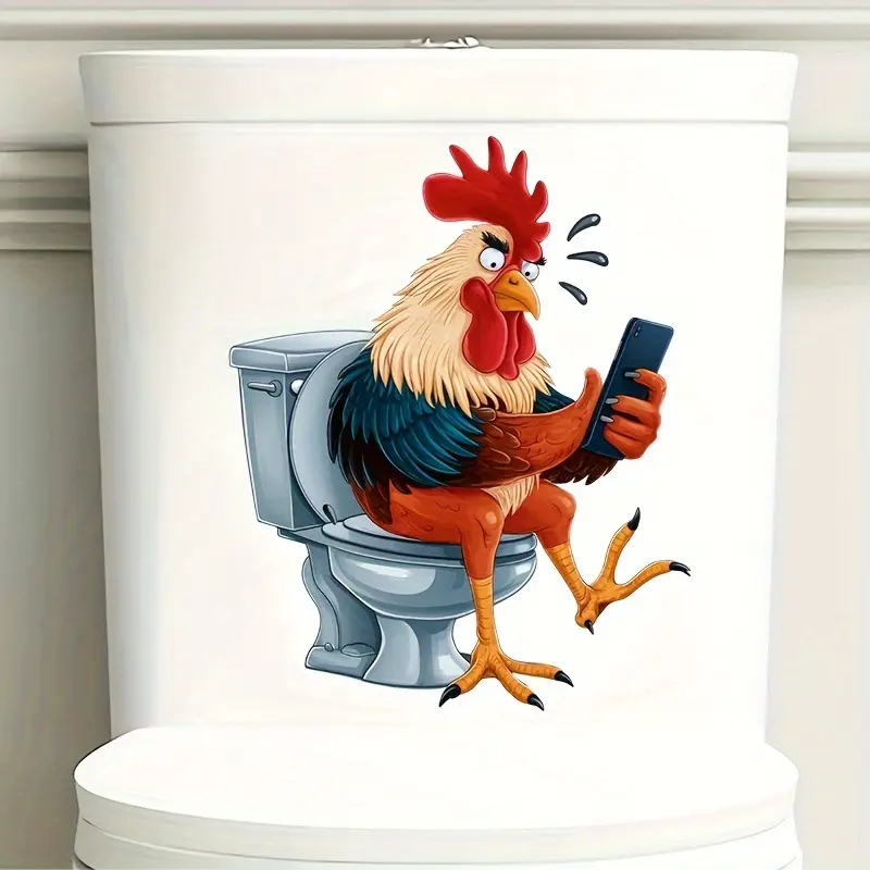 Funny self-adhesive rooster toilet sticker - self-adhesive peel off bathroom sticker with a rooster holding a smartphone and crystal like eyes, durable vinyl suitable for ceramics/toilets/walls, white striped hen design Christmas window sticker