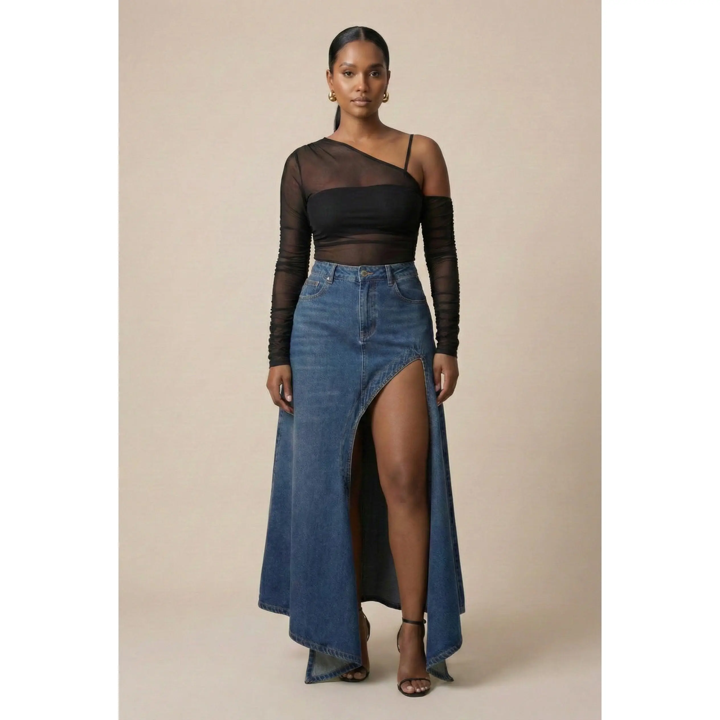 Asymmetric Denim Skirt with front cut-out