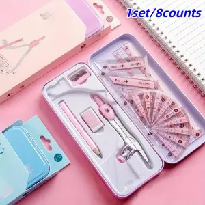 8 Piece Set Ruler Compass Pencil Set, Geometry Math Drawing Measuring Instrument Stationery, Essential School Home Office Supplies, Back-To-School Gift, Classroom Prizes