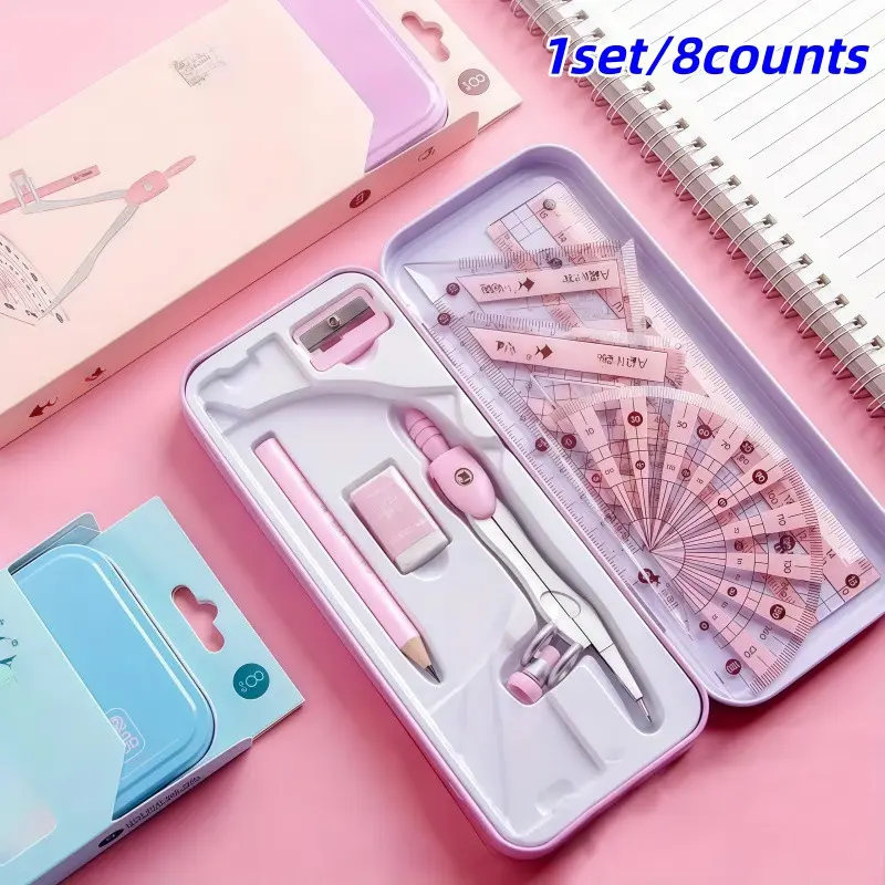 8 Piece Set Ruler Compass Pencil Set, Geometry Math Drawing Measuring Instrument Stationery, Essential Elementary School Home Office Supplies, Back-To-School Gift, Classroom Prizes