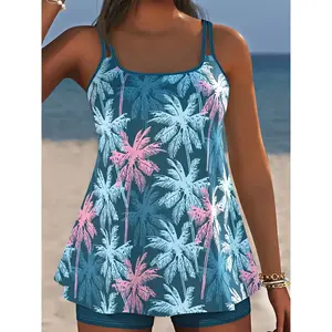 Flattering Tummy Control Palm Print  – Ideal for Beach Yoga & Vacations |   2026 Women’s Swimsuit, Plus Size Friendly, Family Approved Swim, Victoria Secret Inspiredtankini outfit tropical boxer short bottom swimsuit women shoulder  swimwear bikini