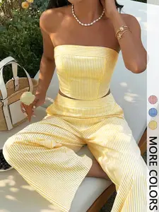 Women's Summer Vacation Striped Sleeveless Crop Top and High-Waisted Wide-Leg Pants Set, Casual Slim-Fitting Blouse and Outer Vest Combo