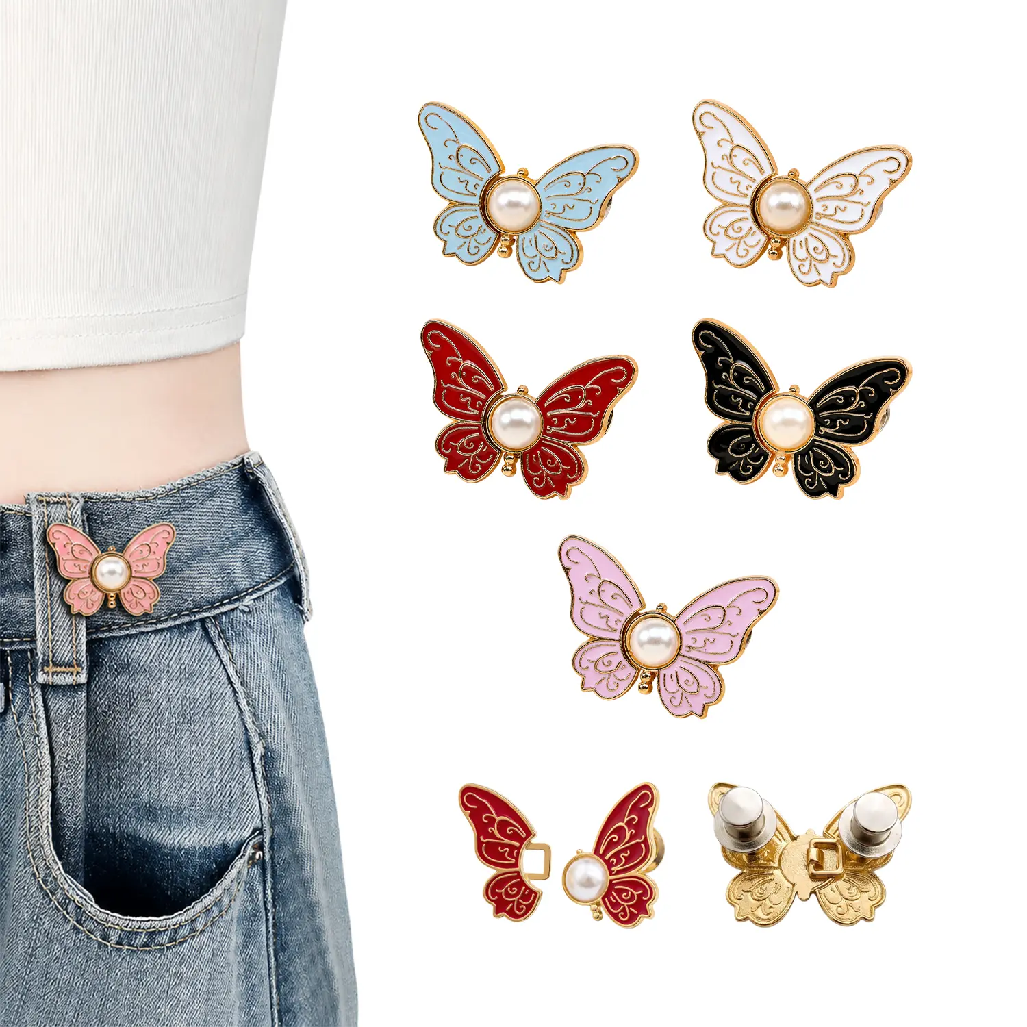 Women's 5PCS Butterfly Waist Tighteners, Adjustable Button Clips, No-Sew Home Supplies, Easy-Attach Accessory for Loose Jeans, Skirts & Oversized Clothes, Reusable Pant Waist Tightener for Loose Jeans, Adjustable Buckle Extender Set Pants Clips