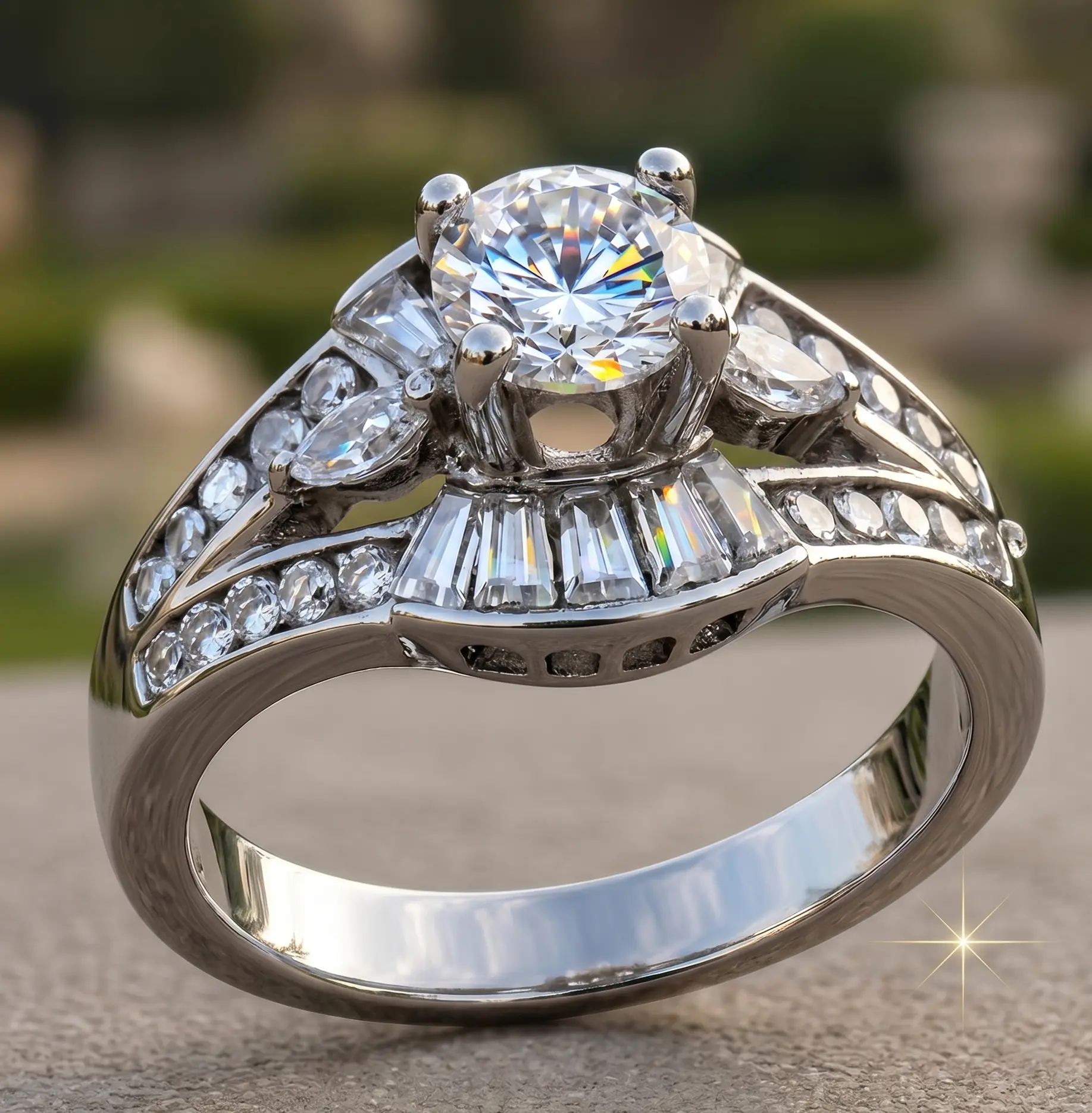 Women’s Art Deco Design Ballerina Wedding Ring - 316L Stainless Steel, 2.5mm Vintage Sunburst Statement Piece, Female Hypoallergenic Tarnish-Free, Cubic Zirconia Marquise Baguette, 5x5mm Round Cut Diamond Alternative