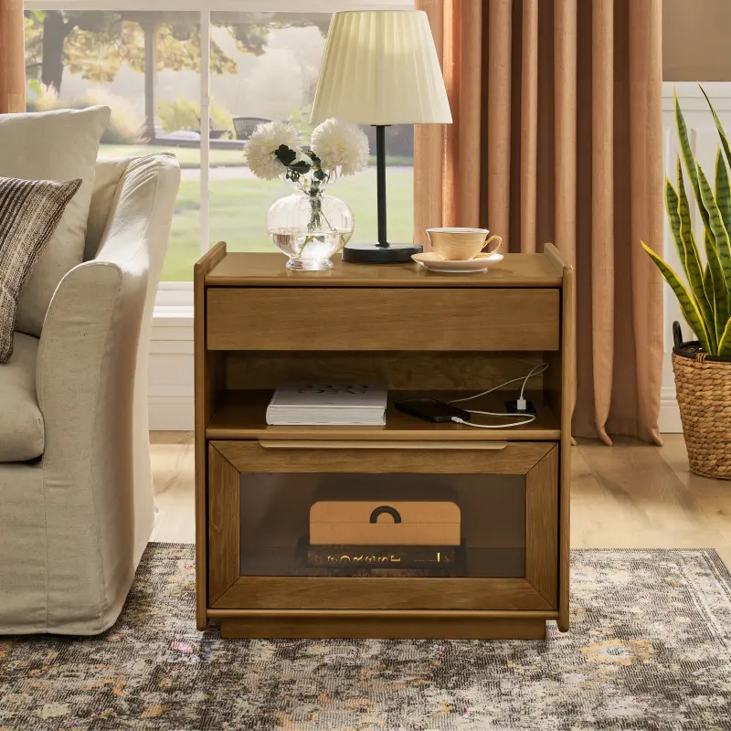 Light Walnut Mid Century Modern Nightstand - 2 Drawers, Charging Station, Outlet Hole, Open Shelf, Glass Drawer Dresser, Rustic Vintage Bedroom Side Table, Farmhouse Side Cabinet, Assembly Required