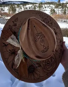 CUSTOM HAND BURNED wide brim hat | branded hat | flowers and leaves | burned hat | western hat