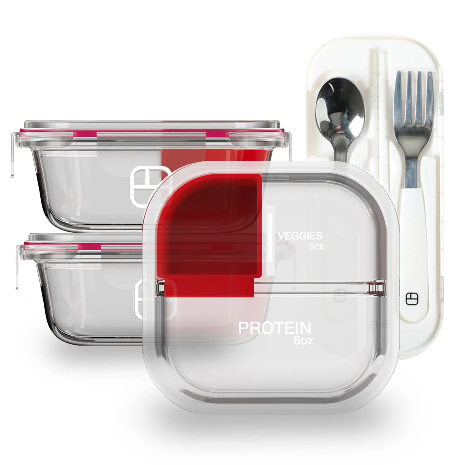 BariBowl Deluxe II Bariatric Meal Prep Set – 3 Glass 2-Cup Portion-Control Containers with Mindful Eating Utensils & Silicone Condiment Cups