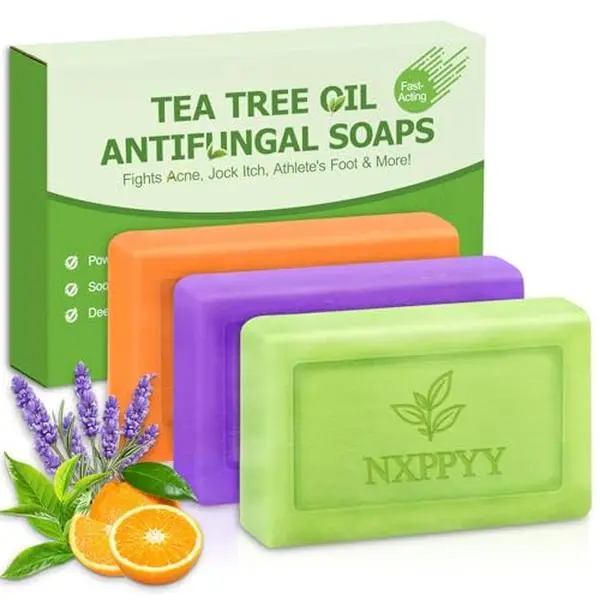 Antifungal Soap-Antibacterial Soap Bar with Tea Tree Oil- Body & Face Wash for Acne, Folliculitis, Eczema, Body Odor, Jock Itch, Athletes Foot, Ringworm & Tinea Versicolor (3Bars x 2.82 oz)