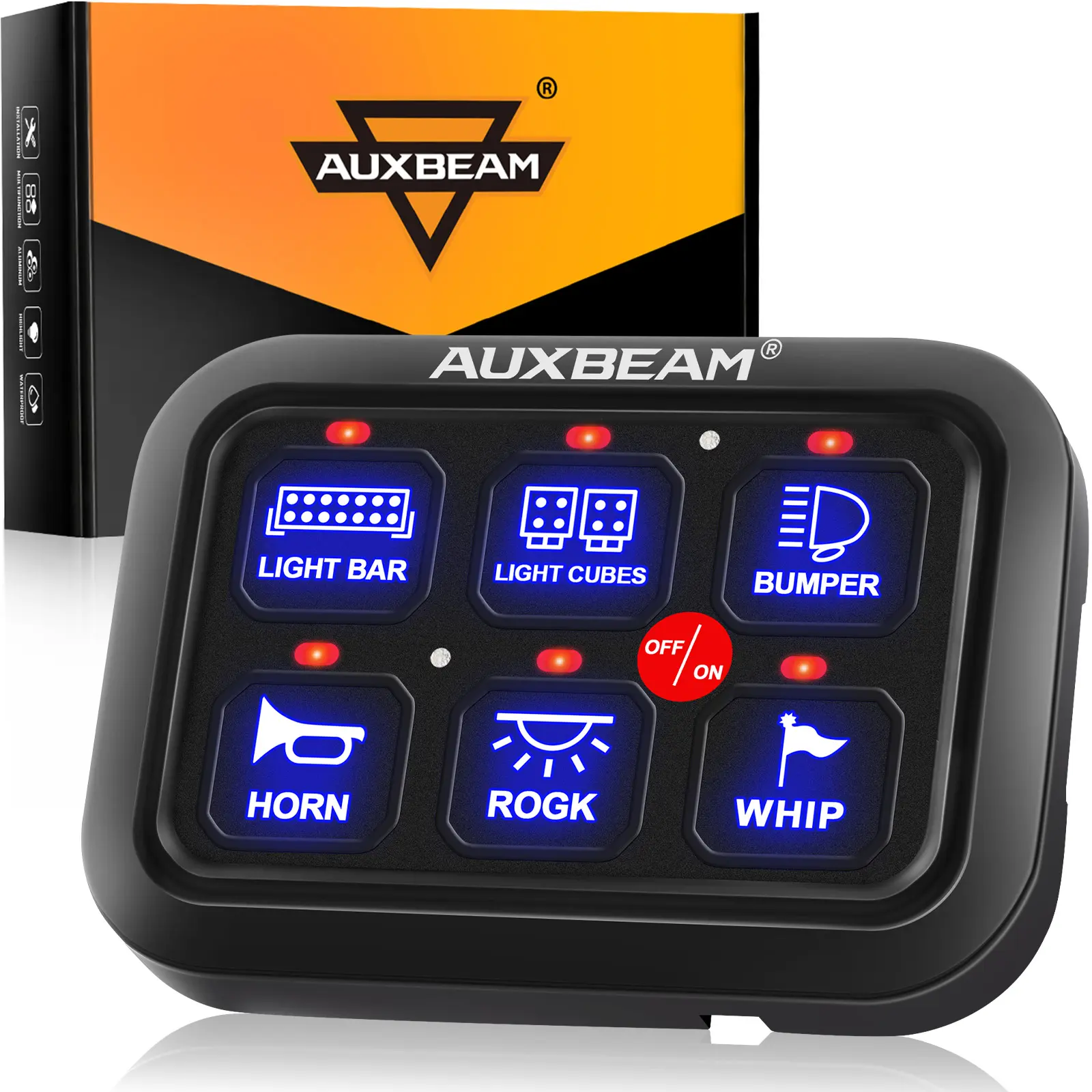 Auxbeam BC60 6-Gang Push Button Off-Road Light Switch Panel Controller Set - 12V DC Universal Relay System, Dimmable LED Automatic Backlight, -40°C~+105°C, Car Electronics Vehicle Accessories Bundle