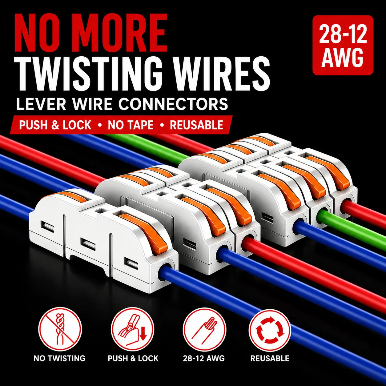 No-Twist Lever Wire Connector Kit, 28-12 AWG Reusable Push-In Wire Connectors for Home Wiring & Lighting