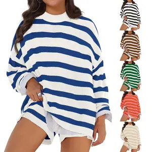 【XL-5XL】Imily Bela Curve Womens Plus Size Lounge Sets Striped Knit 2 Piece Sweater Set Long Sleeve Tops and Shorts Oversized Outfits