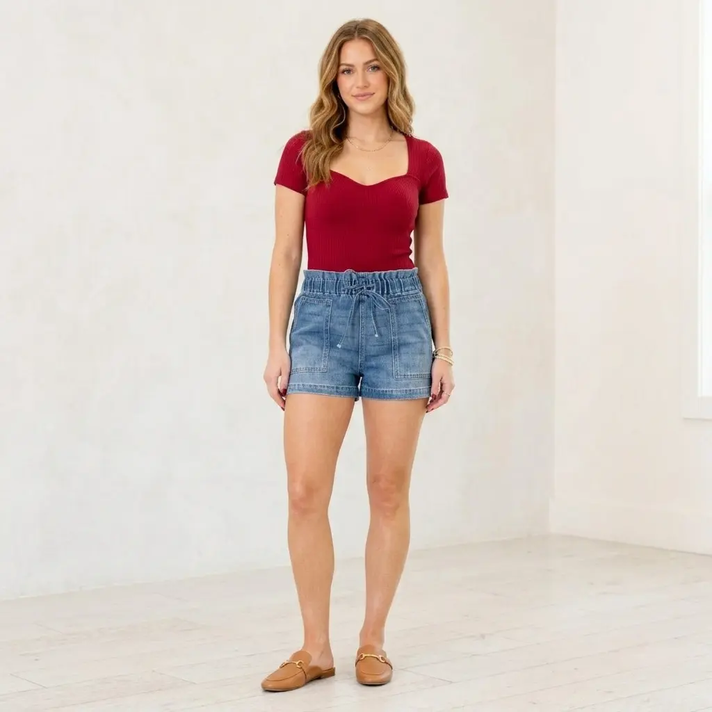 Women's High Waisted Paper Bag Denim Shorts – Elastic Waist Drawstring Relaxed Fit Summer Jean Shorts