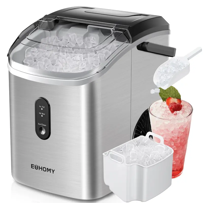 EUHOMY Nugget Ice Maker Countertop with Handle, Ready in 6 Mins, 33lbs/24H, Removable Top Cover, Auto-Cleaning, Portable Pebble Ice Maker with Basket and Scoop, for Home/Kitchen/Party/Camping