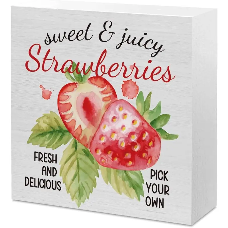 Strawberry Kitchen Decor Strawberry Decorations for Home Farmhouse Bathroom Shelf Office Classroom Wooden Sign Signage Desk Decor 5x5 inch