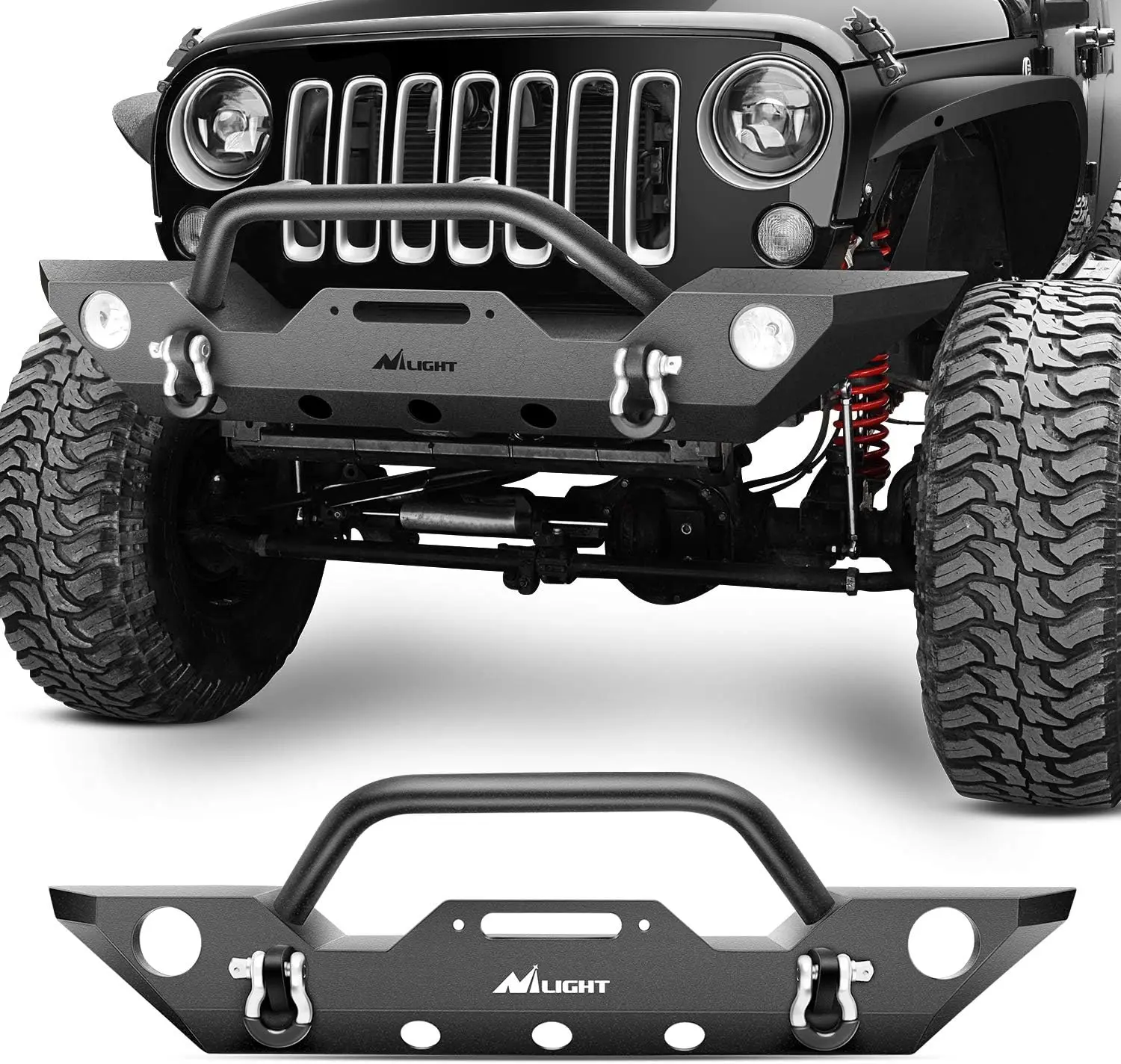 Nilight Heavy Duty Off-Road Front Bumper - Bolt-On OEM Fit for 2007-2018 Jeep Wrangler JK/JKU, Rock Crawler Design with Fog Light Holes, Winch Plate, Automotive Car Accessories